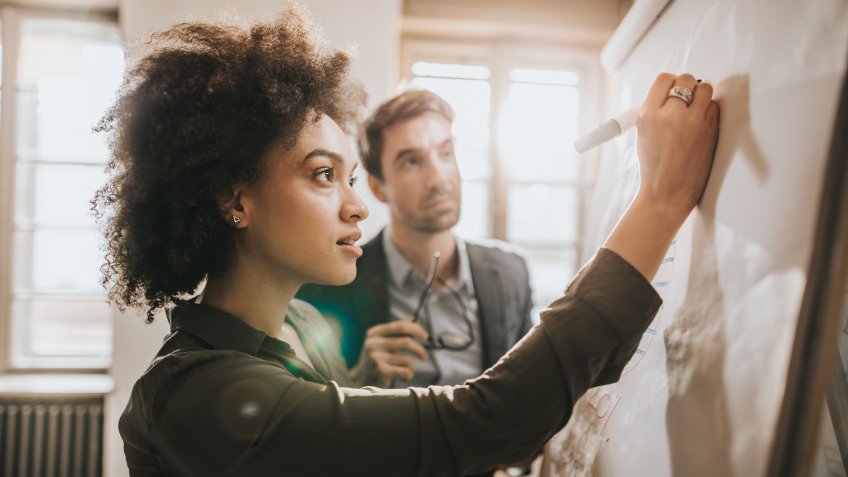 Young business people writing a business strategy on a whiteboard in the office.
