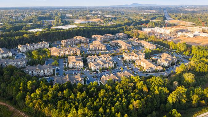 Aerial view of suburban communities in downtown alpharetta georgia.