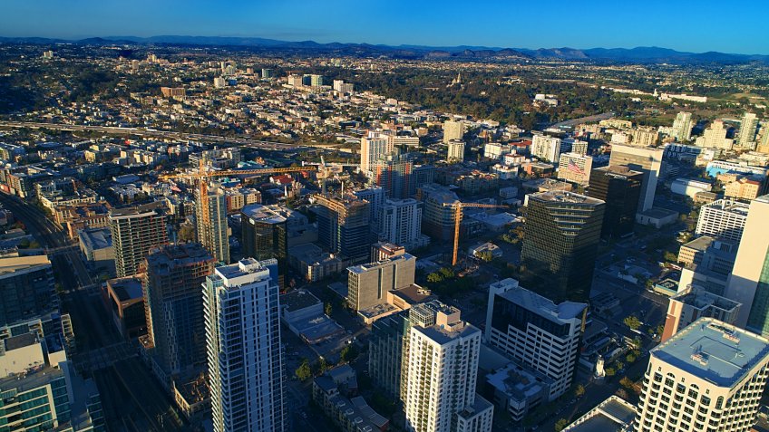 Stunning aerial view of bankers hill and little Italy district downtown San Diego.
