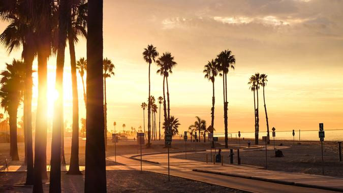 A glowing sunrise over Belmont Shore in Long Beach, California.