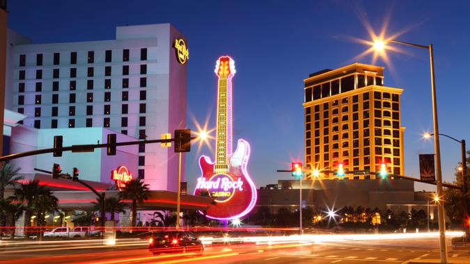 Biloxi, Mississippi, USA - April 6, 2012: Nighttime view of the Biloxi strip including the Hard Rock and Beau Rivage casinos.