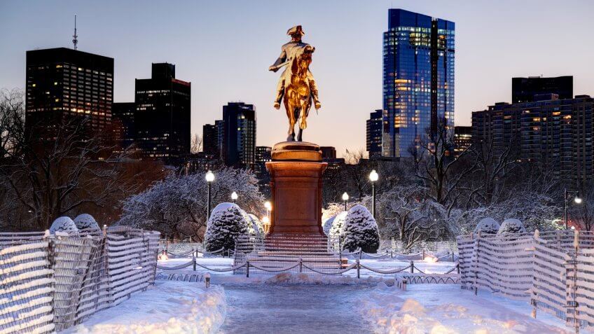 Boston Public Garden in the winter with the Equestrian statue of George Washington designed by Thomas Ball.