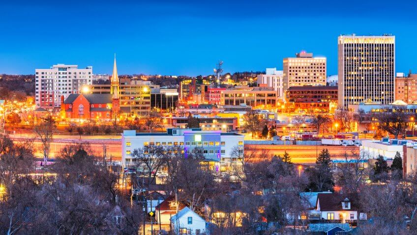 Colorado Springs, Colorado, USA downtown city skyline at dusk.