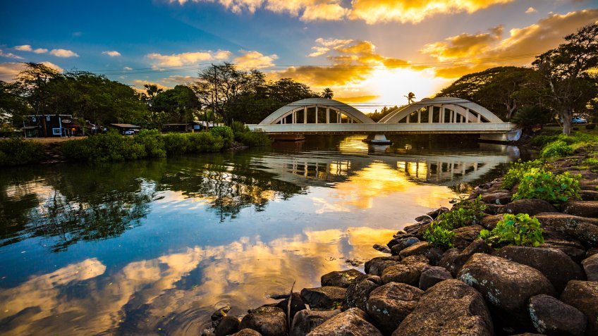 Sunrise over the Anahulu Stream Bridge in Haleiwa, Oahu, Hawaii - Image.