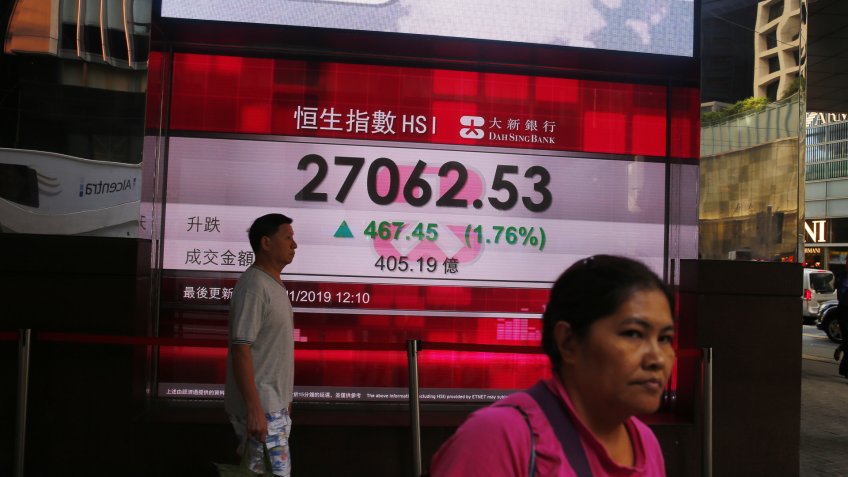Mandatory Credit: Photo by FAZRY ISMAIL/EPA-EFE/Shutterstock (10484446d)People walk in front of an electronic board showing the Hang Seng index in Hong Kong, China, 25 November 2019.