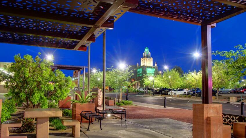 Henderson, Nevada, USA - April 6, 2019: Evening view of the Emerald Island Casino along Market Street in the downtown district.