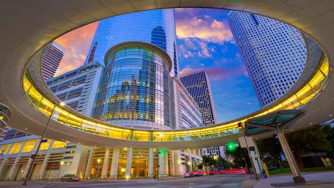 Houston Downtown sunset modern skyscrapers at Texas US USA.