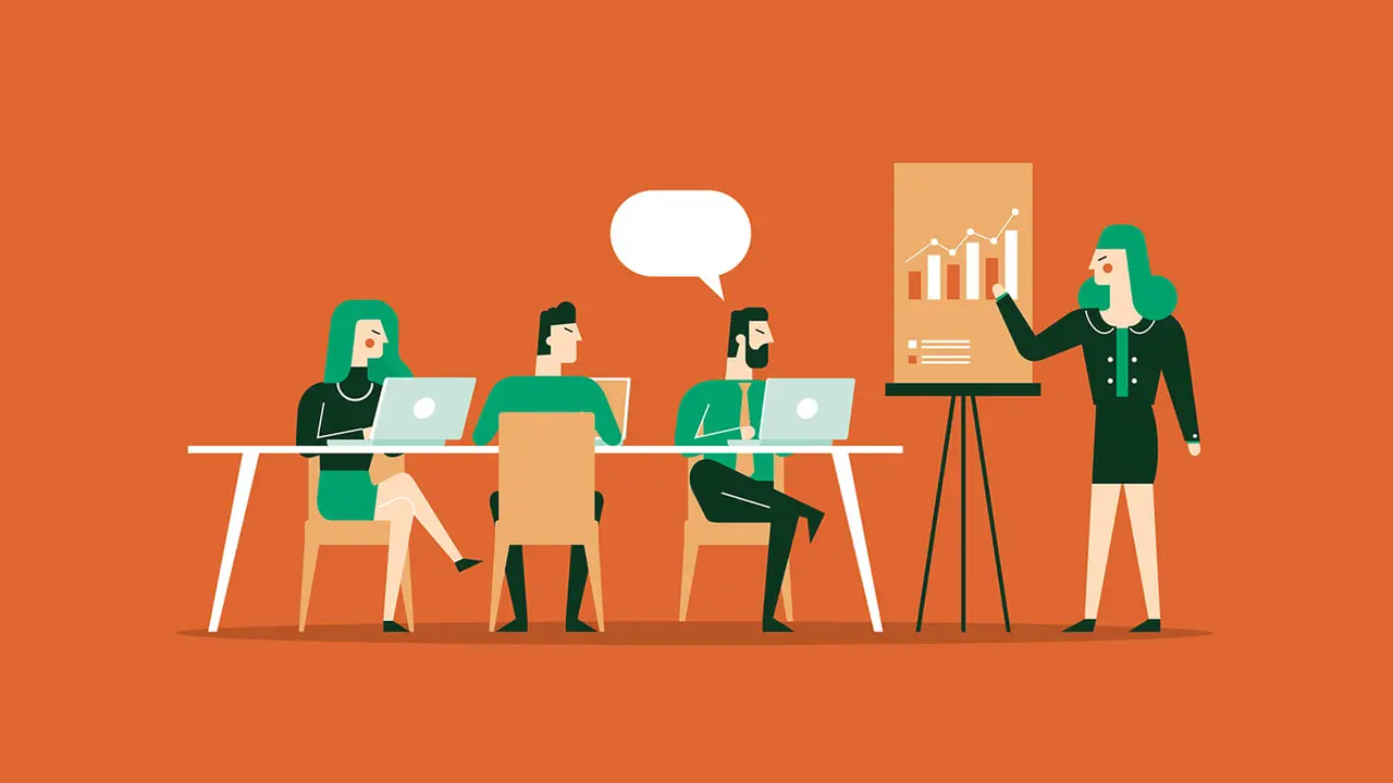 Cartoon image of workers sitting around a table while a business brainstorming meeting goes on