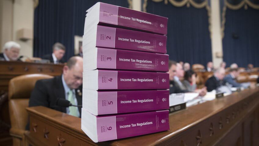 Mandatory Credit: Photo by Michael Reynolds/EPA-EFE/Shutterstock (9201576a)Books entitled 'Income Tax Regulations' are stacked in the room before the start of the House Ways and Means Committee markup on a Republican-crafted tax reform plan, on Capitol Hill in Washington, DC, USA, 06 November 2017.