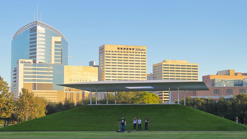 Houston, Texas - November 24, 2017: People preparing for taking pictures outside of James Turrell's Skyspace in Rice University, Houston, Texas.