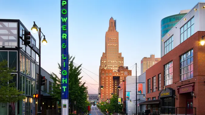 A view of the Power Light District in Kansas City, Missouri.