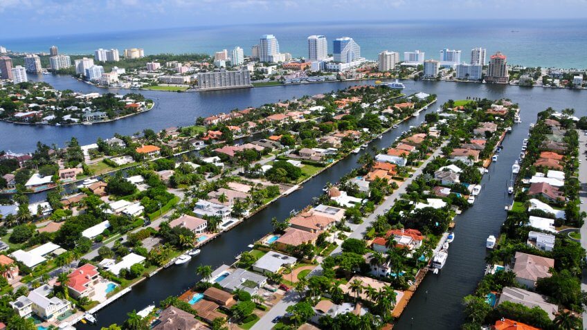 Aerial view of Fort Lauderdale Las Olas Isles, Florida, USA.