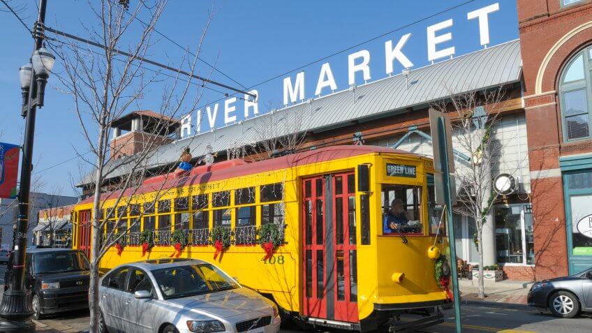 Little Rock, Arkansas, USA - December 18th 2010: River Rail Trolley in the River Market District transports locals and tourists between Little Rock and North Little Rock.