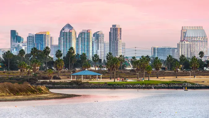 Mission Beach Sunset and View of Downtown, San Diego California, USA.