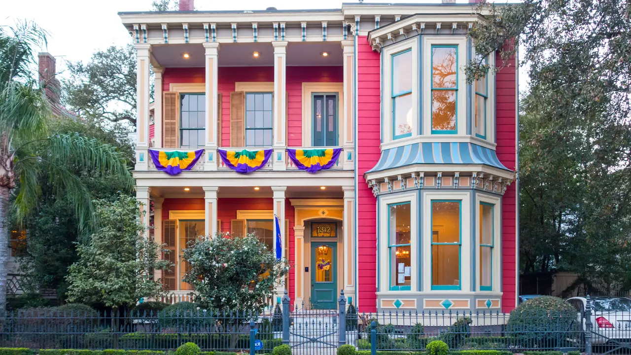 New Orleans, USA - February 7, 2015: Mansion decorated for Mardi Gras in the Garden District of New Orleans, Louisiana.