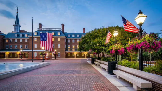Market Square and City Hall at night, in Old Town, Alexandria, Virginia.