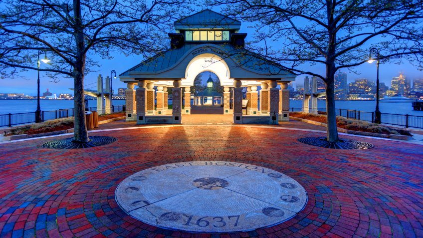 Boston, Massachusetts, USA - May 1, 2017: Evening view of the Piers Park brick walkway located in the East Boston neighborhood.