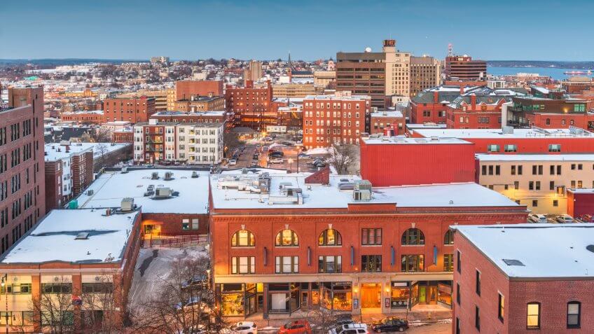 Portland, Maine, USA skyline from above at twilight in winter.