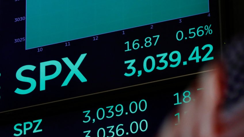 Mandatory Credit: Photo by Richard Drew/AP/Shutterstock (10459072a)A screen above the trading floor of the New York Stock Exchange shows the closing number for the S&P 500 index,.