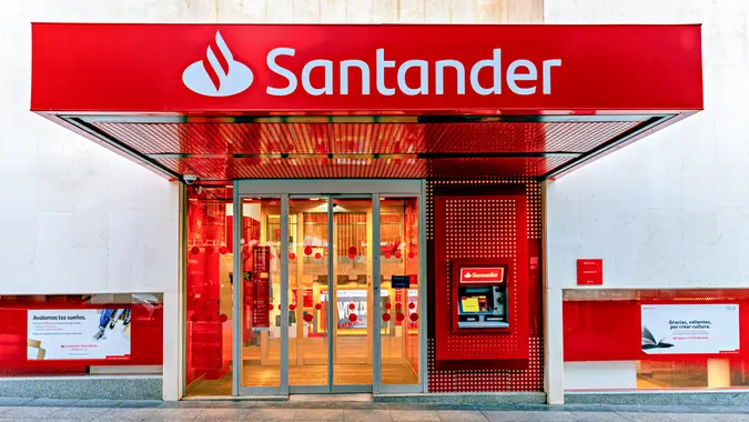View of entrance to Santander bank office in the city of Almeria, Spain.