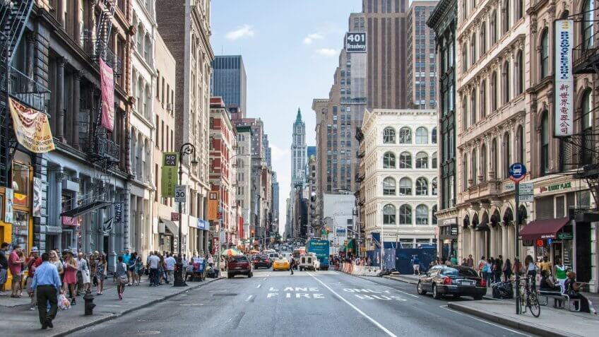 NEW YORK CITY - JUNE 10: Broadway, north of Canal Street in Soho is home to many trendy shops and restaurants.