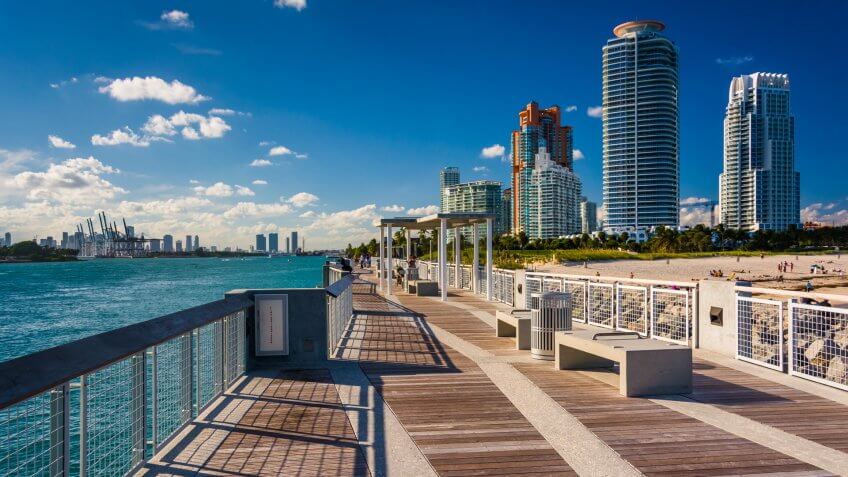 Fishing pier at South Pointe Park and view of skyscrapers in Miami Beach, Florida.