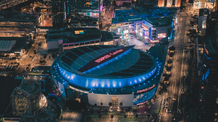 Los Angeles, California, USA - August 10, 2017: Aerial view of the Staples Center Arena at night.