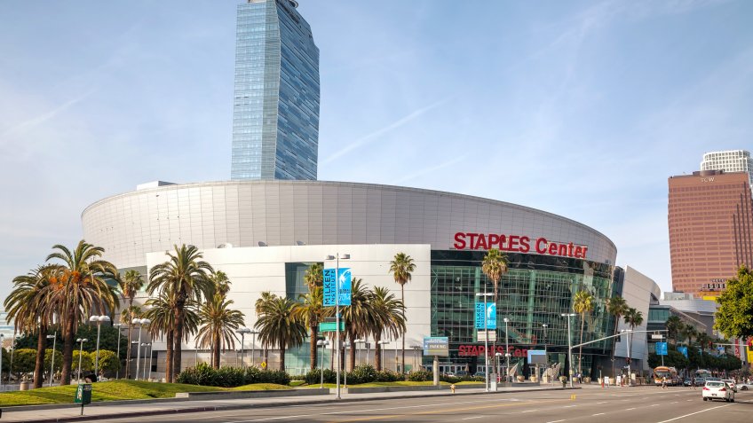 Los Angeles, USA - April 22, 2014: Staples Center building with people in Los Angeles, California.