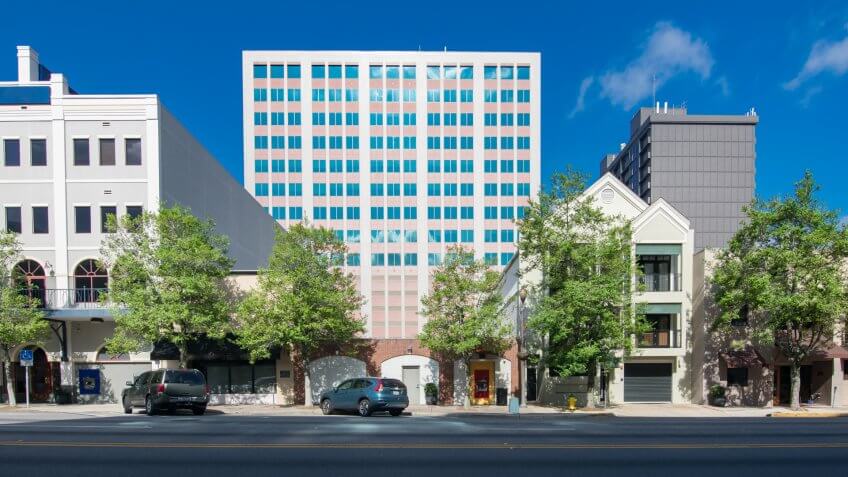 Downtown district in Tallahassee, Florida with commercial property and condos.