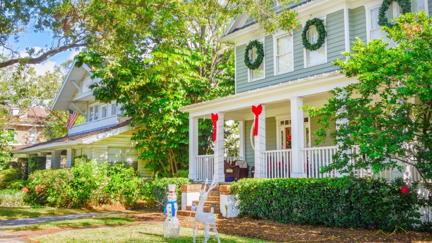 Tampa, USA - December 6, 2013: Large homes decorated during Christmas time in the Hyde Park neighborhood of Tampa, Florida, USA.