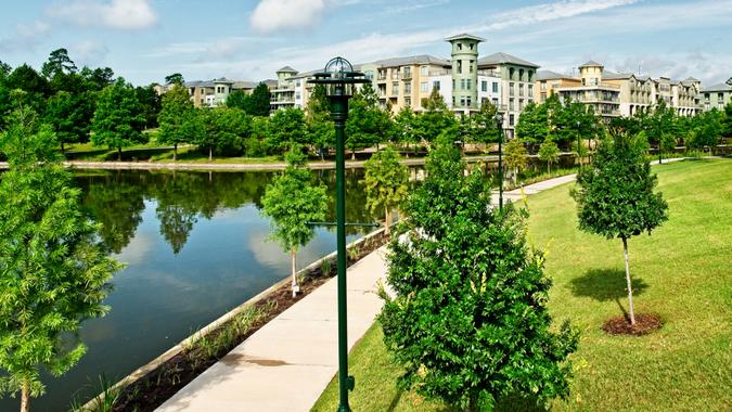 The Woodlands TX USA - May 22, 2018  -  Woodlands Walkway Along the Waterway.