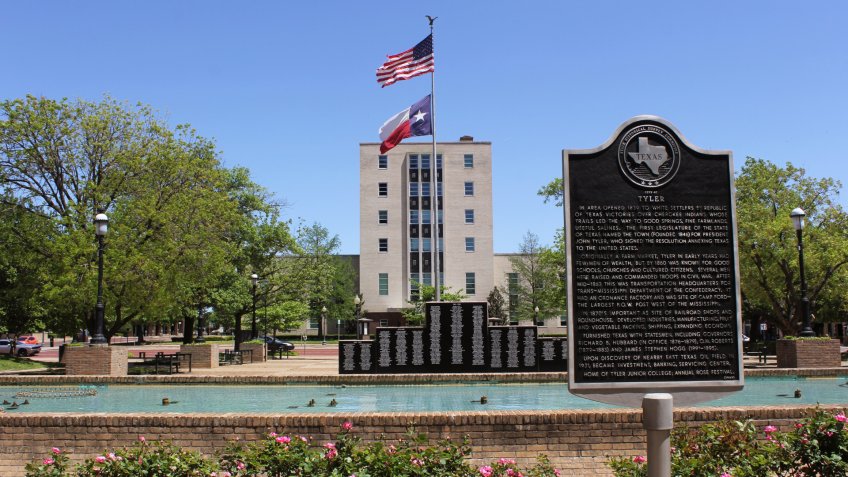 Tyler, TX - April 21, 2019: Smith County Courthouse with historical marker located in downtown Tyler, TX - Image.