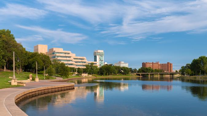 The Arkansas River and downtown Wichita from Veterans Memorial Park at 339 Veterans Parkway in Wichita, Kansas on August 13, 2017.