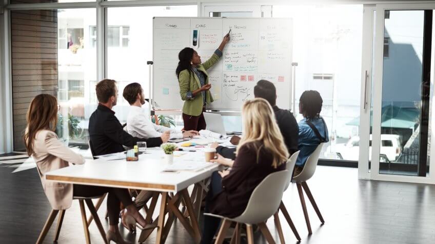 Shot of a businesswoman giving a presentation to her colleagues on a whiteboard in a boardroom.