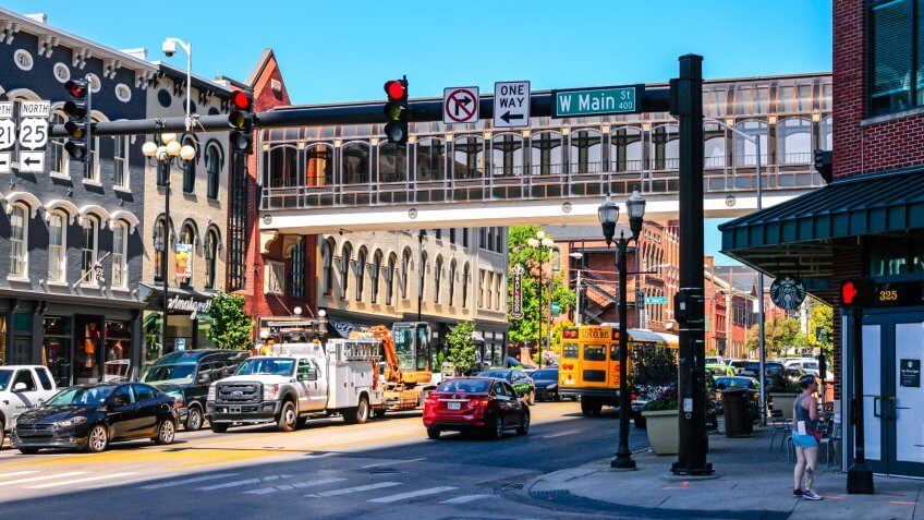 The Intersection of Main and S Broadway in downtown Lexington KY, USA.