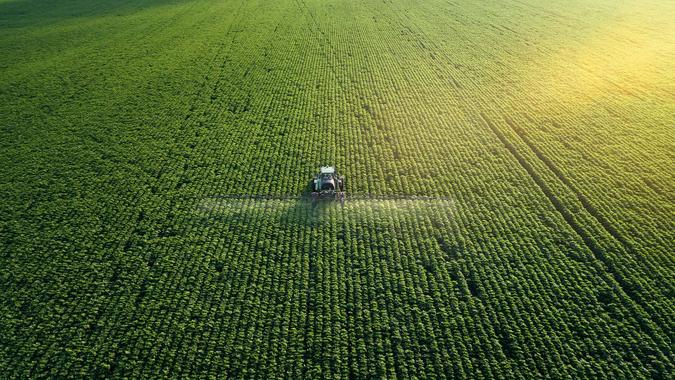 drone view of agriculture tractor
