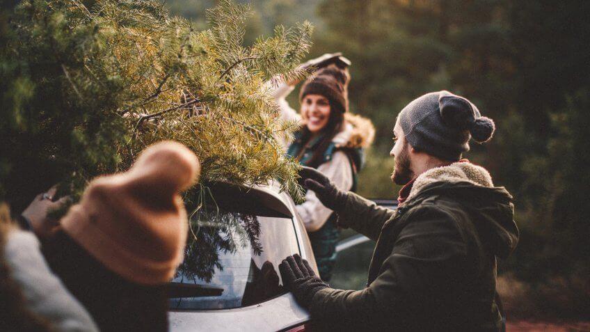 friends picking up Christmas tree with new car