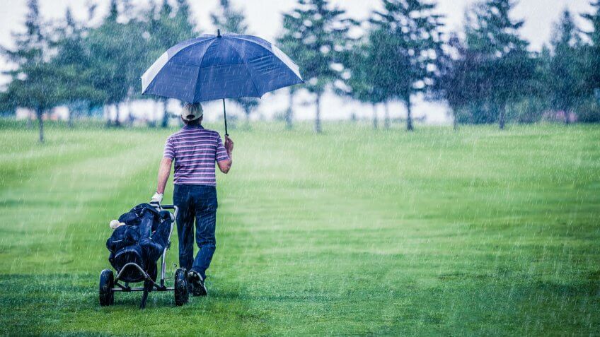 Golfer on a Rainy Day Leaving the Golf Course (the game is annulled because of the storm).