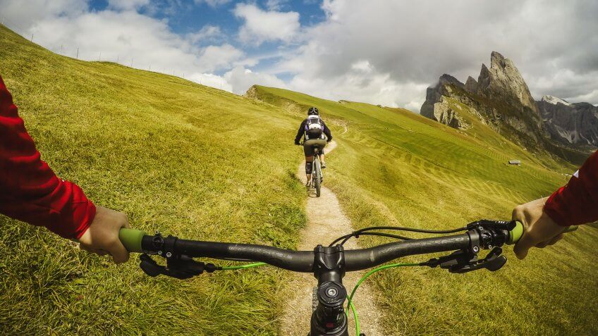 Point of view POV mountain bike on the dolomites.