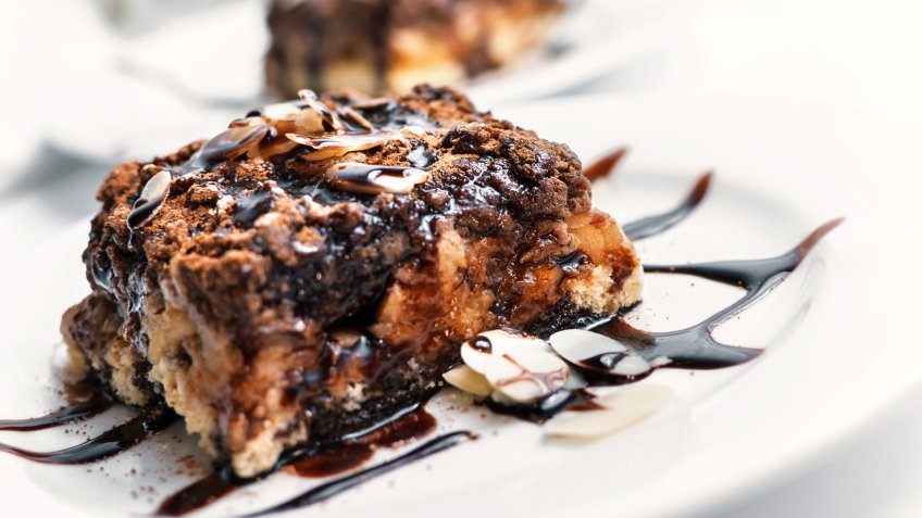 sliced chocolate almond cake
