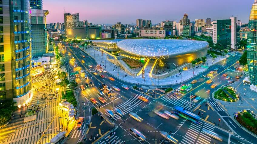 Aerial view of city Seoul at night, South Korea,