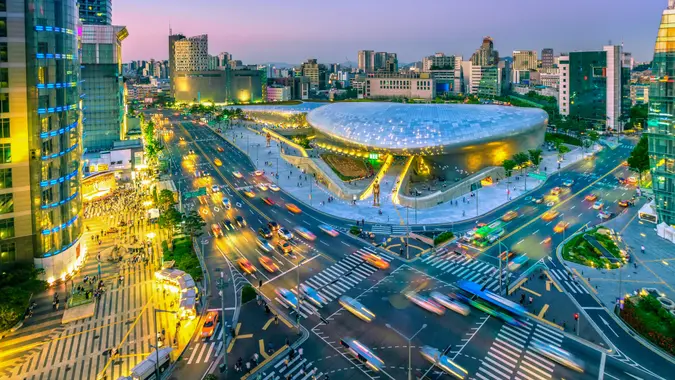 Aerial view of city Seoul at night, South Korea,