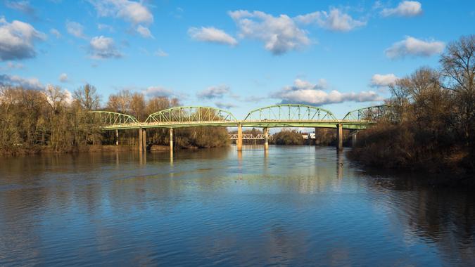 Bridges that span the Willamette River in Albany, Oregon.
