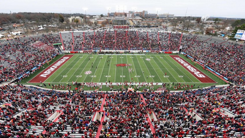 Mandatory Credit: Photo by Michael Woods/AP/Shutterstock (10489905j)Arkansas gets ready to start the second half against Missouri at War Memorial Stadium during an NCAA college football game, in Little Rock, ArkMissouri Arkansas Football, Little Rock, USA - 29 Nov 2019.