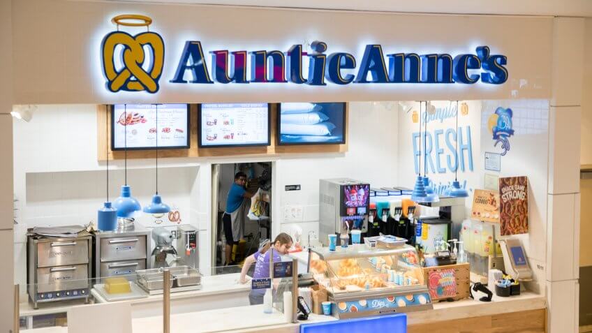 Philadelphia, Pennsylvania, May 21 2018: Auntie Anne's is Original Pretzel and lemonade.