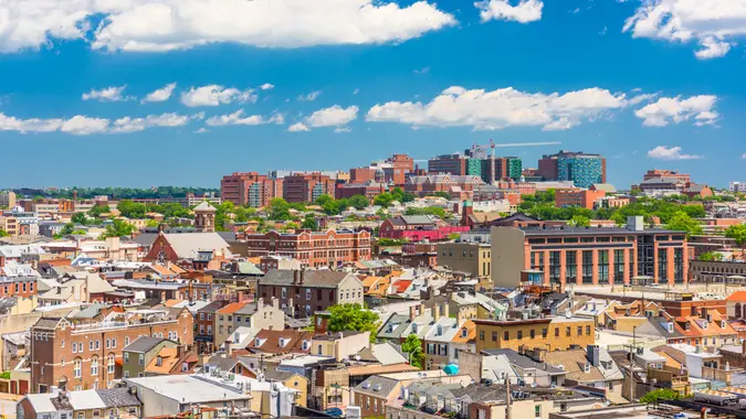 Baltimore, Maryland, USA cityscape overlooking little italy and neighborhoods.