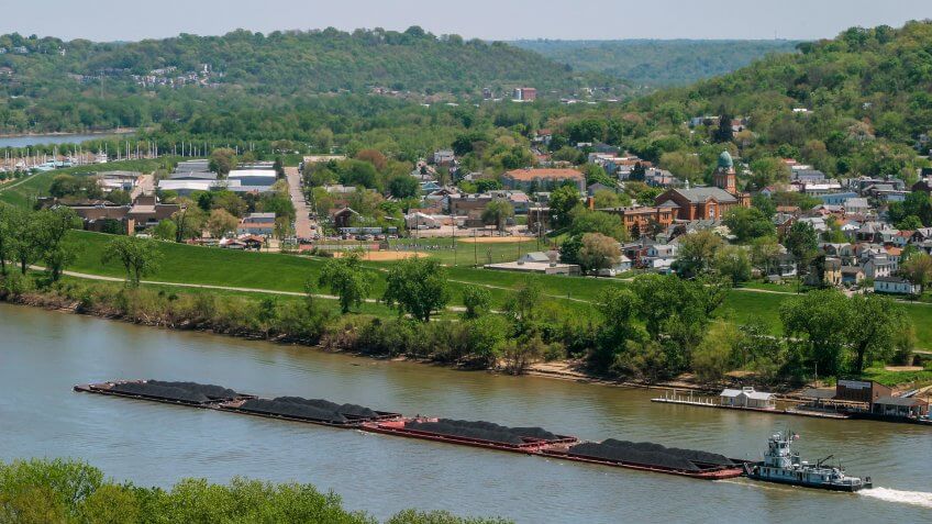 A Coal Barge On The Ohio River At Bellevue And Dayton Kentucky Across From Cincinnati Ohio USA.