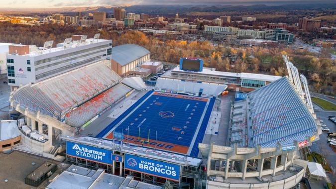 Boise, Idaho USA: November 24, 2017 - View of an Idaho college football field and city skyline.