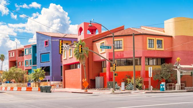 Colorful townhouses on Broadway boulevard in downtown Tucson Arizona USA.