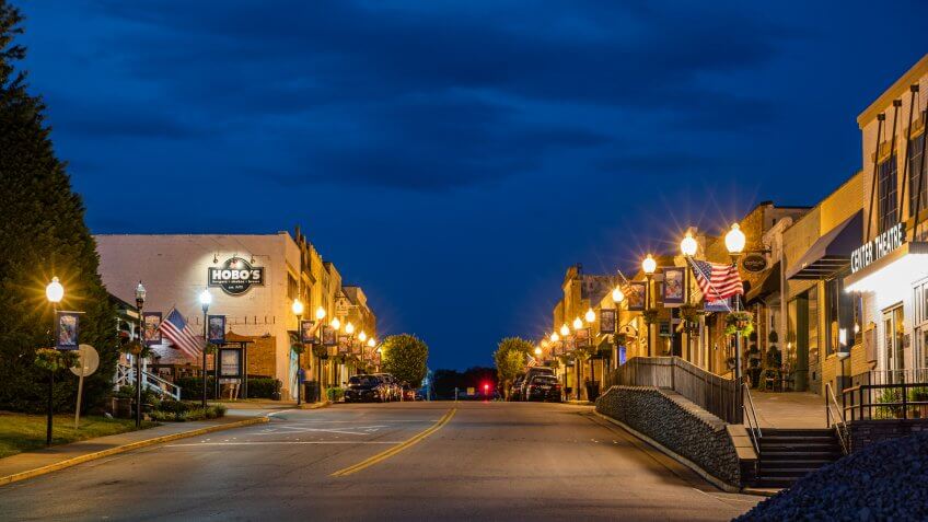 FORT MILL, SOUTH CAROLINA/UNITED STATES – MAY 31, 2019: Main Street in historic downtown Fort Mill, South Carolina at night.
